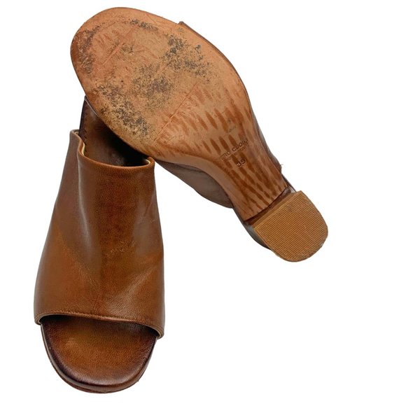 MARTE'S Walnut Brown Leather Open Toe Block Heel Mules - Picture 4 of 10